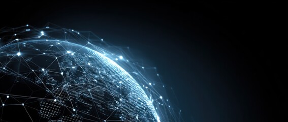 Glowing digital globe with interconnected network lines against dark space