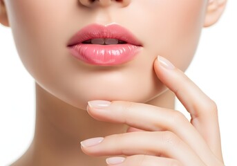 Fototapeta premium Close up of a woman s soft pink lips and chin with a finger touching her face