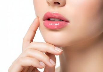 Fototapeta premium Close up of woman s perfect pink lips with a finger touching her chin