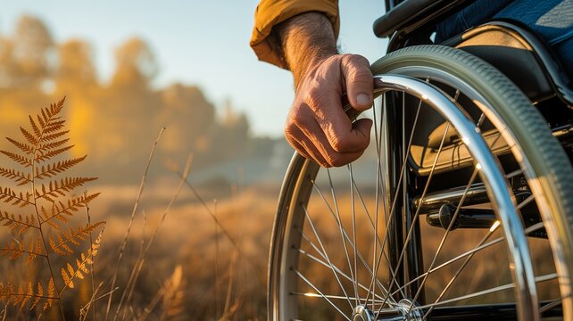 Close-up of person in wheelchair outdoors on nature trail, autumn landscape