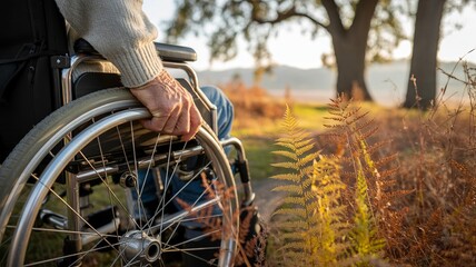 Close-up of person in wheelchair outdoors on nature trail, autumn landscape