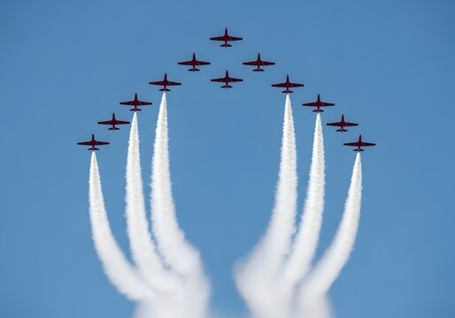 Precision formation flying of fighter jets leaving white smoke trails against a clear blue sky