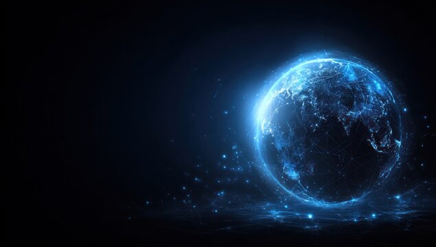 Glowing digital earth sphere with network connections against dark background