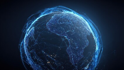 Digital glowing earth globe with abstract network connections in dark space.