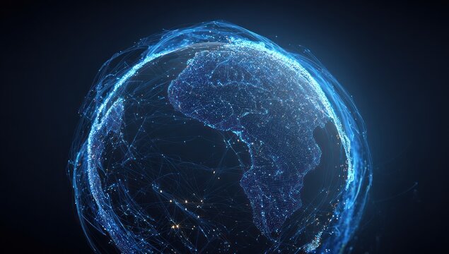 Digital glowing earth globe with abstract network connections in dark space.