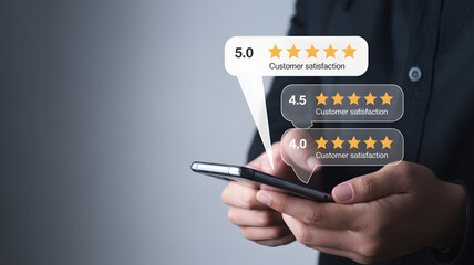 Satisfied customer leaves glowing 5-star review on smartphone app, boosting brand reputation and driving business growth