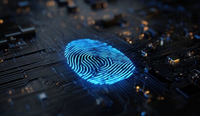 Glowing blue fingerprint on dark electronic circuit board background