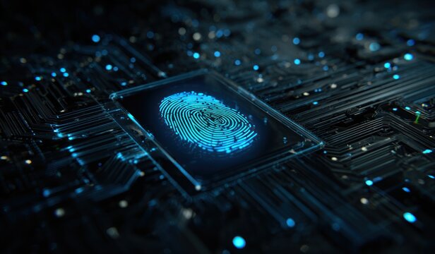 Glowing blue fingerprint sensor on dark electronic circuit board background.