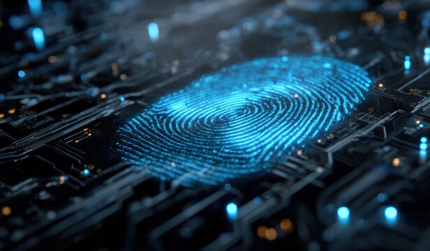 Glowing blue digital fingerprint on dark electronic circuit board background.