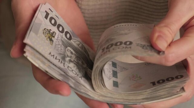 Kyrgyzstan som money holding. Woman hands counting a stack of banknotes. Kyrgyz KGS paper cash. Concept of income, success, business, tax, economy and finance
