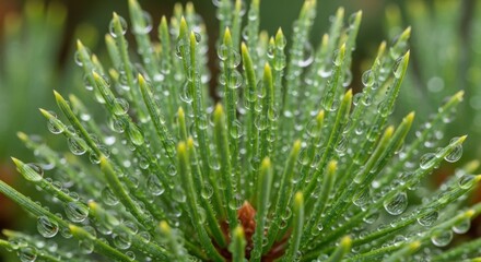 Close-up macro of fresh pine needles covered in sparkling morning dew droplets.