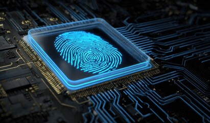 Glowing blue fingerprint on dark electronic circuit board technology