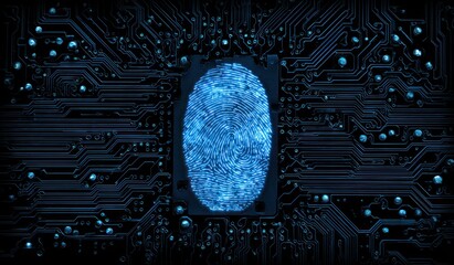 Glowing blue fingerprint on dark electronic circuit board background