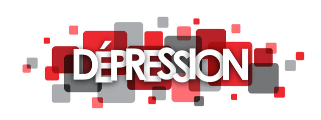 DEPRESSION (DEPRESSION in French) red and gray typography banner with overlapping squares on transparent background