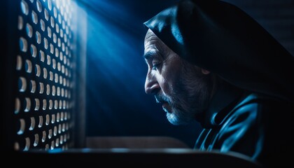 Contemplative elderly monk in hooded robe gazing through ornate monastery window with dramatic blue lighting