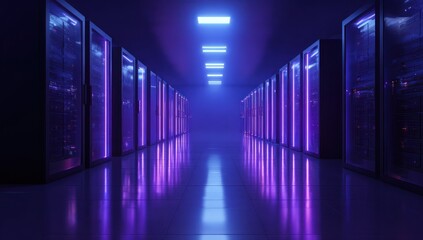 Server room aisle with glowing purple and blue neon lights reflection