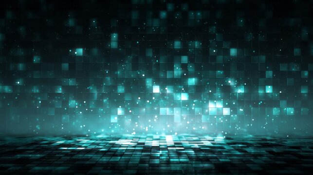 Digital glowing squares form an abstract futuristic environment with bright particle effects