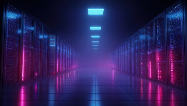Dark server room aisle with glowing blue and magenta lights.
