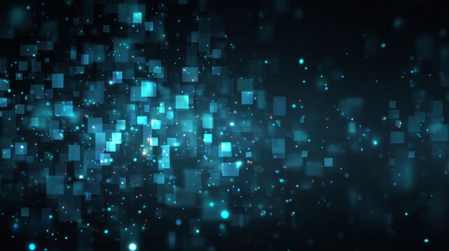 Glowing blue digital particles drift across a dark, abstract background