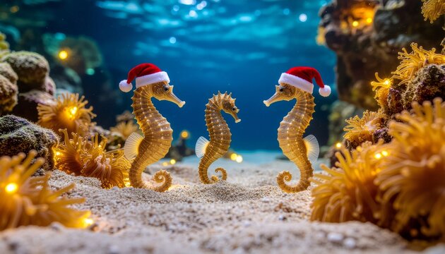 Seahorses wearing Santa hats celebrate Christmas beneath shimmering coral reef waters with golden holiday lights - Powered by Adobe