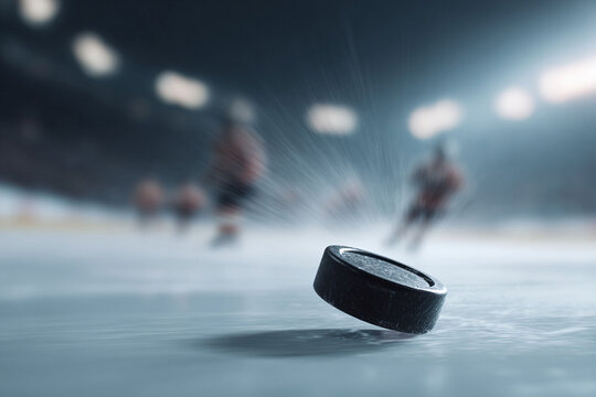 Dramatic, lowangle shot of a puck on ice, with blurred players in the background. Captures the intensity and motion of the game. Great for sports articles or advertising.