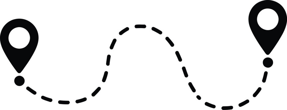 Graphic vector illustration of a dotted black line curving in an S-shape, connecting two distinct map pin icons, symbolizing a route, journey, or delivery path between points