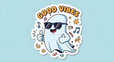 The image is a sticker design with the words "GOOD VIBES" written in an arc above the ghost, surrounded by musical notes and stars, set against a light blue background.