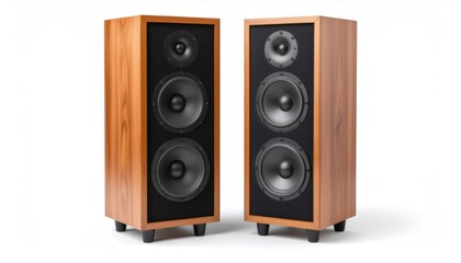 Fototapeta premium Premium teak wood tower speakers with black driver configuration on pristine white studio background