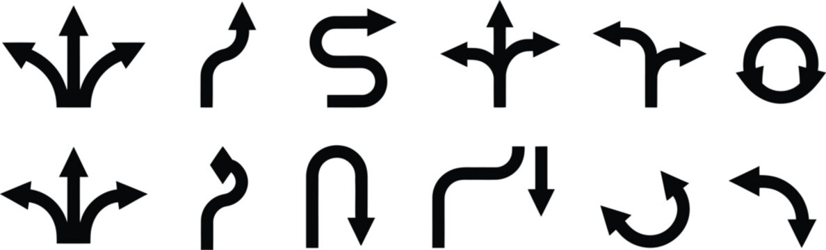 A versatile collection of black arrow icons and directional symbols for navigation, paths, and choices, including split, curved, S-shaped, and circular arrow signs for various design projects