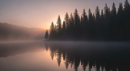 Obraz premium Misty pine forest reflected on a calm lake at sunrise, creating a peaceful and atmospheric landscape scene.