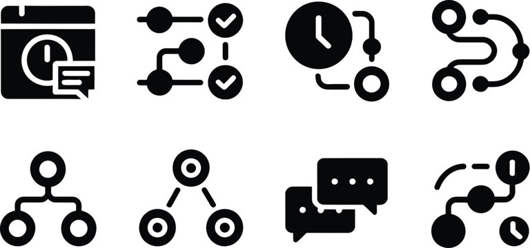 Vector icons for business process, workflow, task management, time scheduling, and communication, illustrating project plans, data flow, and organizational structures effectively