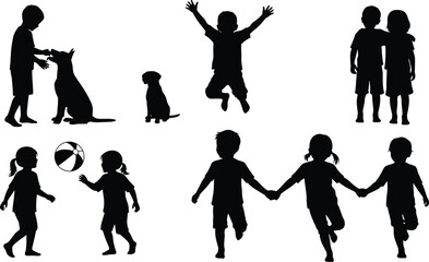 Silhouettes of joyful young children and their loyal pet dogs playing together outdoors, illustrating happy friendship, playful activity, diverse interaction, and innocent childhood memories.