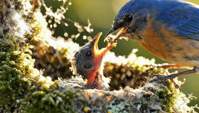 A close-up view of a caring bluebird parent diligently feeding its hungry hatchling in a sun-drenched, mossy nest