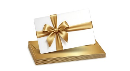 Golden ribbon gift card on stack of envelopes, isolated on white background