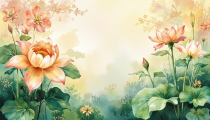 Lotus Flowers Watercolor Illustration Beautiful Floral Background