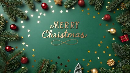 Merry christmas text on a festive green background, framed by evergreen fir branches, red and gold baubles, and sparkling star confetti, creating a joyful holiday season greeting