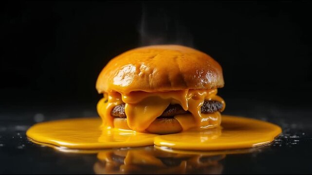 Hamburguesa con queso fundido caliente y pan brioche