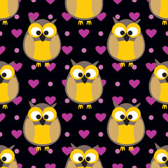 Tile vector pattern with owls with pink hearts and dots on a black background