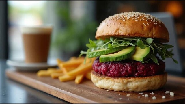 Hamburguesa vegana con aguacate, r&uacute;cula y papas fritas sobre tabla de madera junto a caf&eacute; con leche