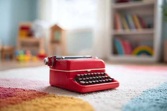 Vintage red typewriter on a colorful rug in a childs room. Nostalgia, creativity, learning concept. Use for blogs, education, childhood memories.