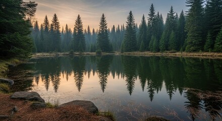 Obraz premium Calm lake reflects evergreen trees under a pastel sky, creating a peaceful mirror-like landscape.