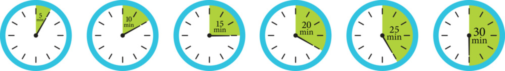 Minute Timer Icon set. Countdown timer symbol. Stopwatch icons with different time. Stopwatch intervals signs. representing stopwatch, time tracking, scheduling, deadline, and duration measurement.