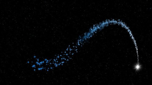 4K Magic Sparkle Trail Animation on Black Background. Shining Blue Particle Tail with Bright Star Glitter Sweep Motion for Overlays
