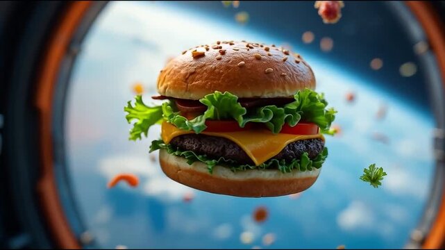 Hamburguesa flotando en el espacio exterior con queso cheddar, lechuga y tomate vista desde la ventana de una c&aacute;psula espacial