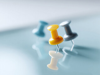 Macro shot of colorful push pins on reflective surface. Evokes concepts of focus, organization, planning, reminders. Great for presentations, blog posts, and office themes.