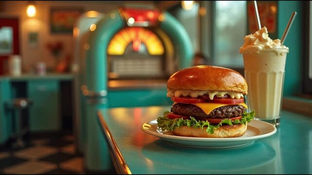 Hamburguesa cl&aacute;sica con batido en cafeter&iacute;a retro americana