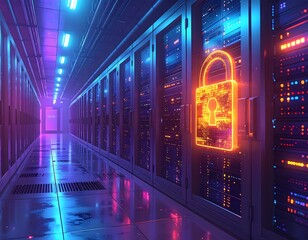 A server room with glowing padlock illustration on a server, bathed in cool, purple, and blue light