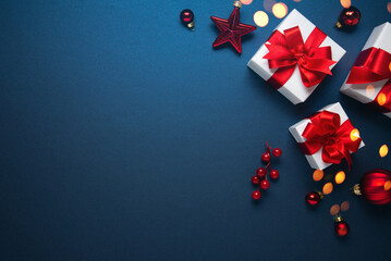 Merry Christmas and Happy Holidays greeting card, frame, banner. New Year. Noel. Red and white...