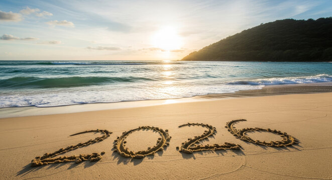 New year 2026 celebration on tropical beach at sunset