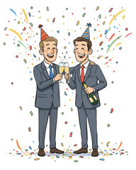 Two businessmen celebrating with champagne, confetti. Corporate colleagues toasting at New Year office party. Successful partners celebrating business victory, promotion. Coworkers cheering with drink